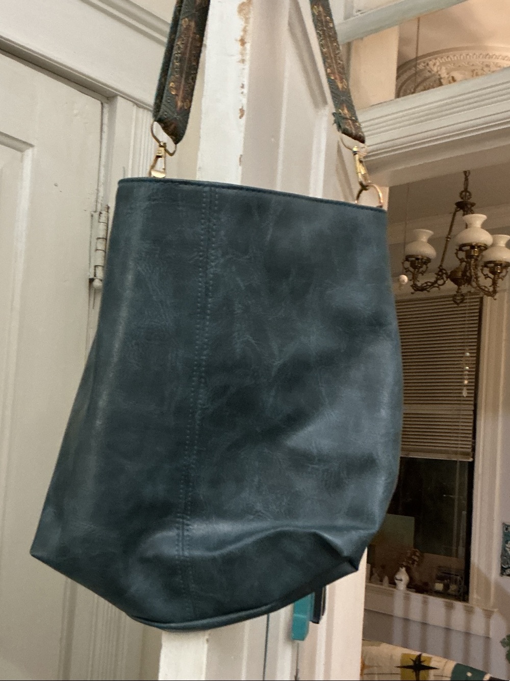 Women’s Teal Vegan Leather Shoulder Bag/tote with Patterned Strap